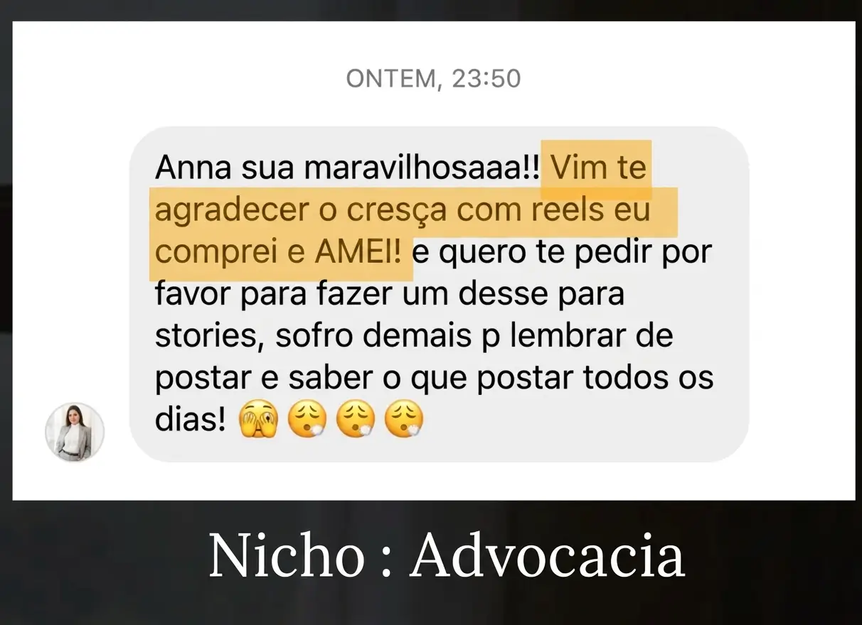 Feedback real de aluna do Cresça com Reels.