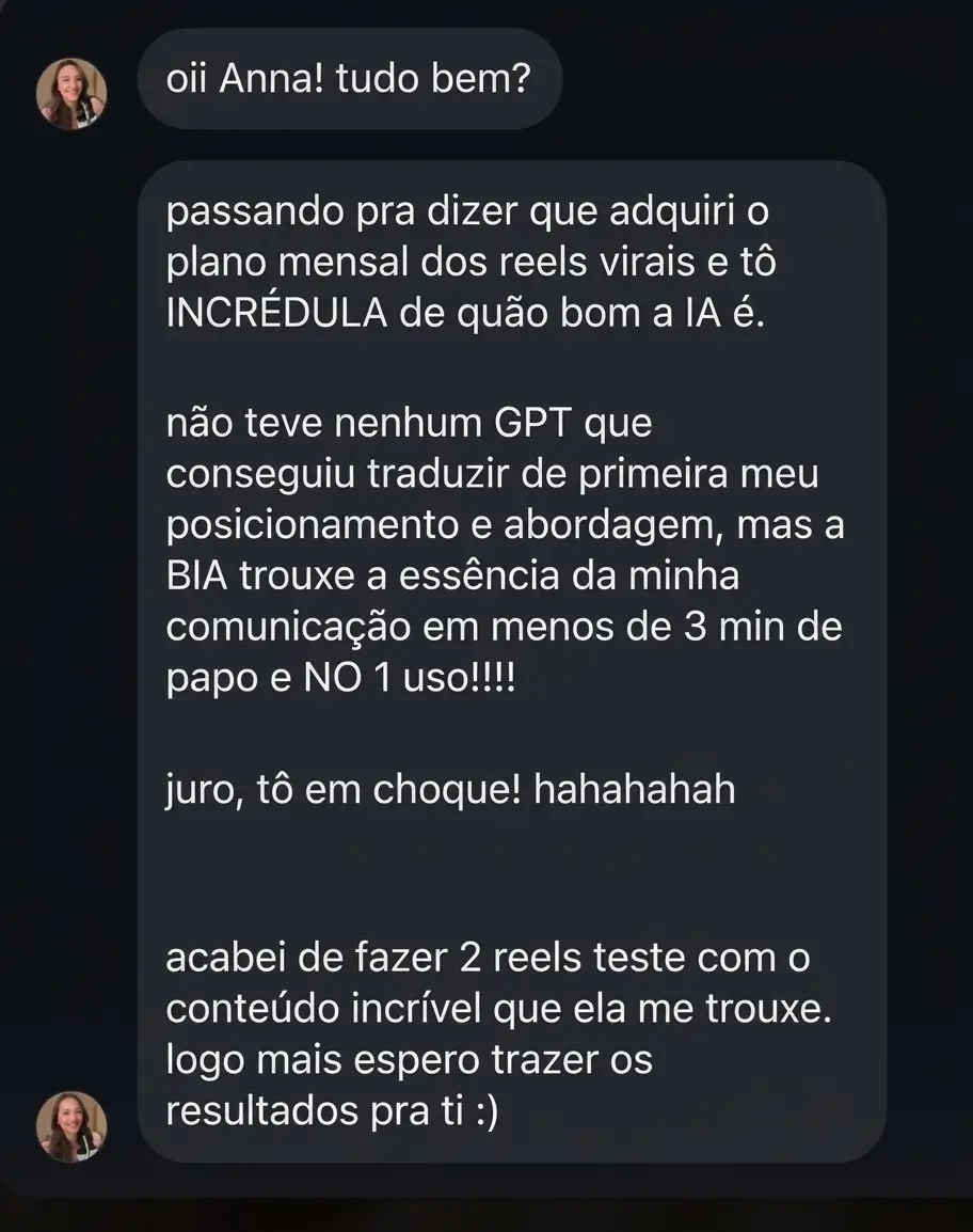 Feedback real de aluna do Cresça com Reels.