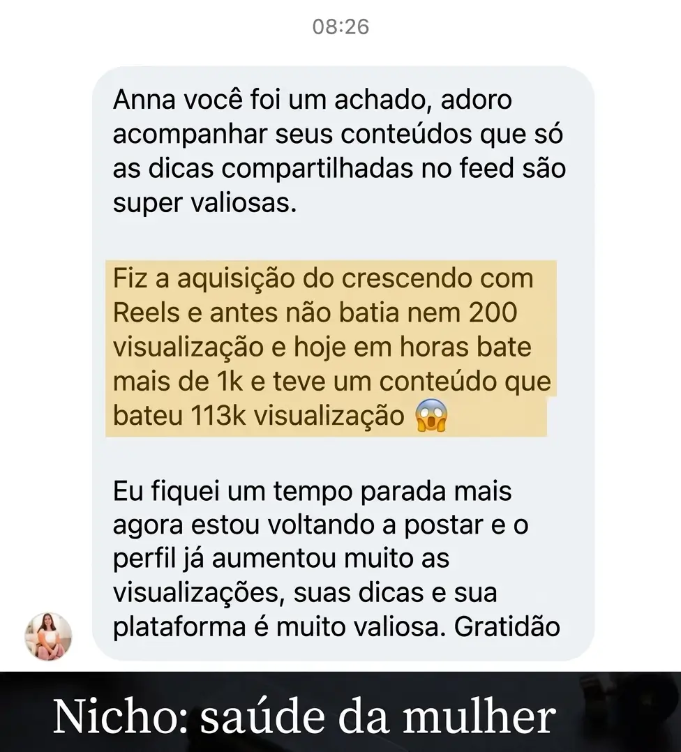 Feedback real de aluna do Cresça com Reels.